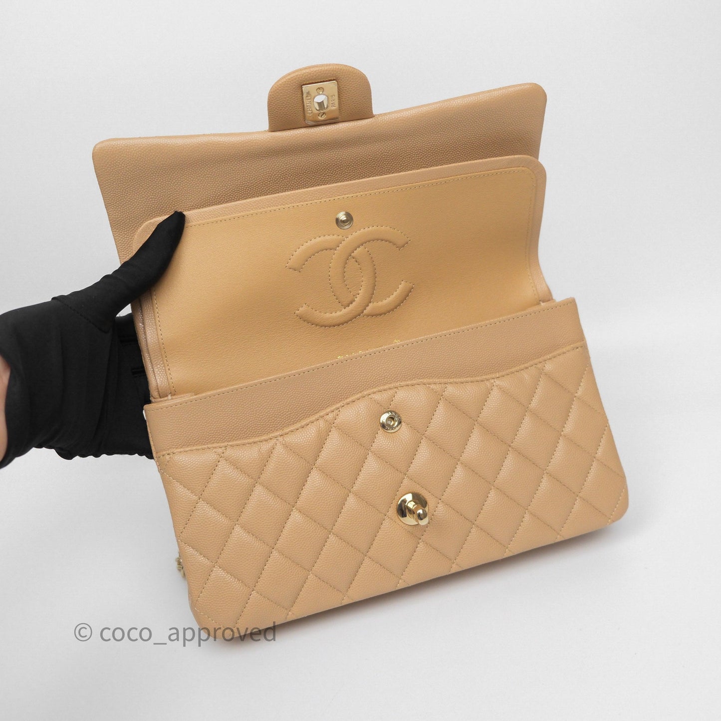 Chanel Classic M/L Medium Flap Quilted Beige Caviar Gold Hardware