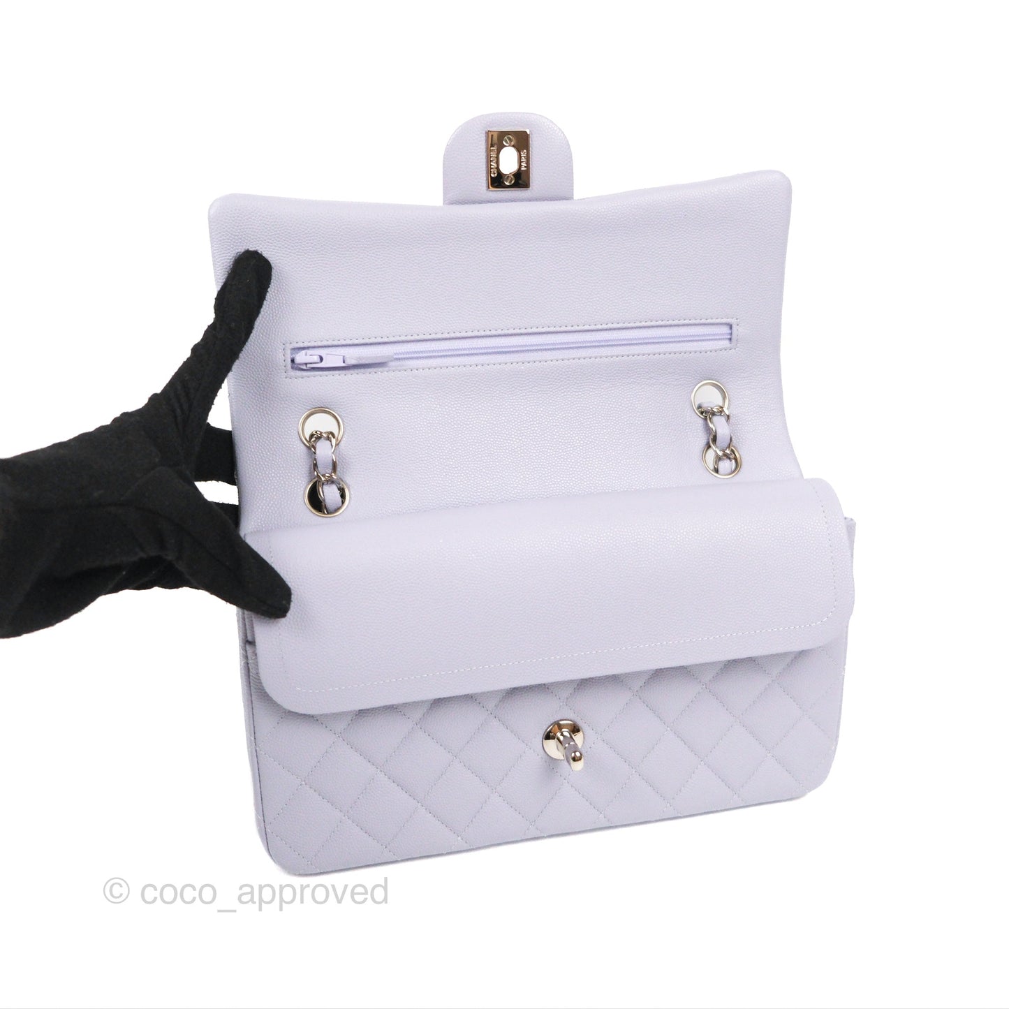Chanel Classic M/L Medium Flap Quilted Lilac Caviar Silver Hardware