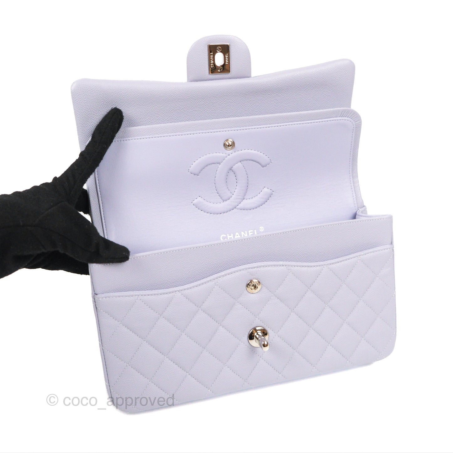 Chanel Classic M/L Medium Flap Quilted Lilac Caviar Silver Hardware