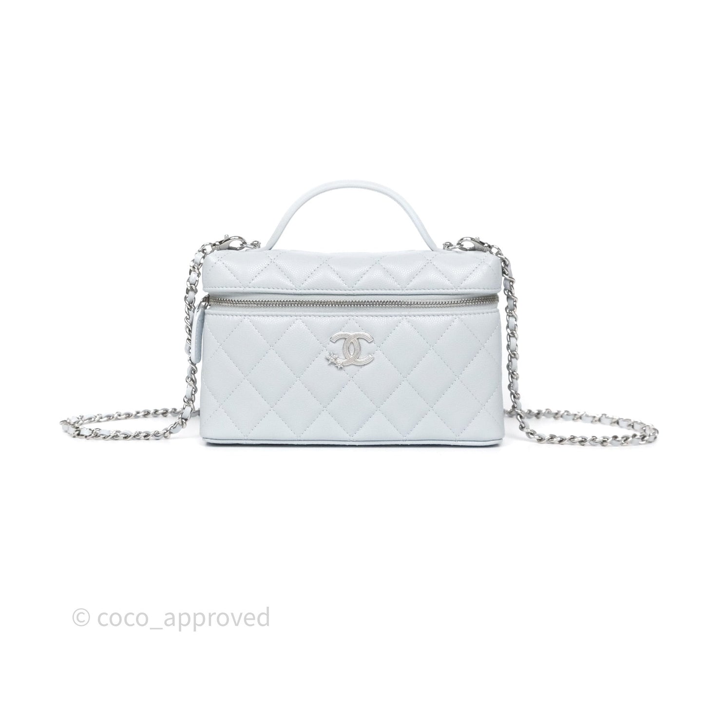 Chanel Top Handle Long Vanity with Chain Light Blue Caviar Silver Hardware 25B