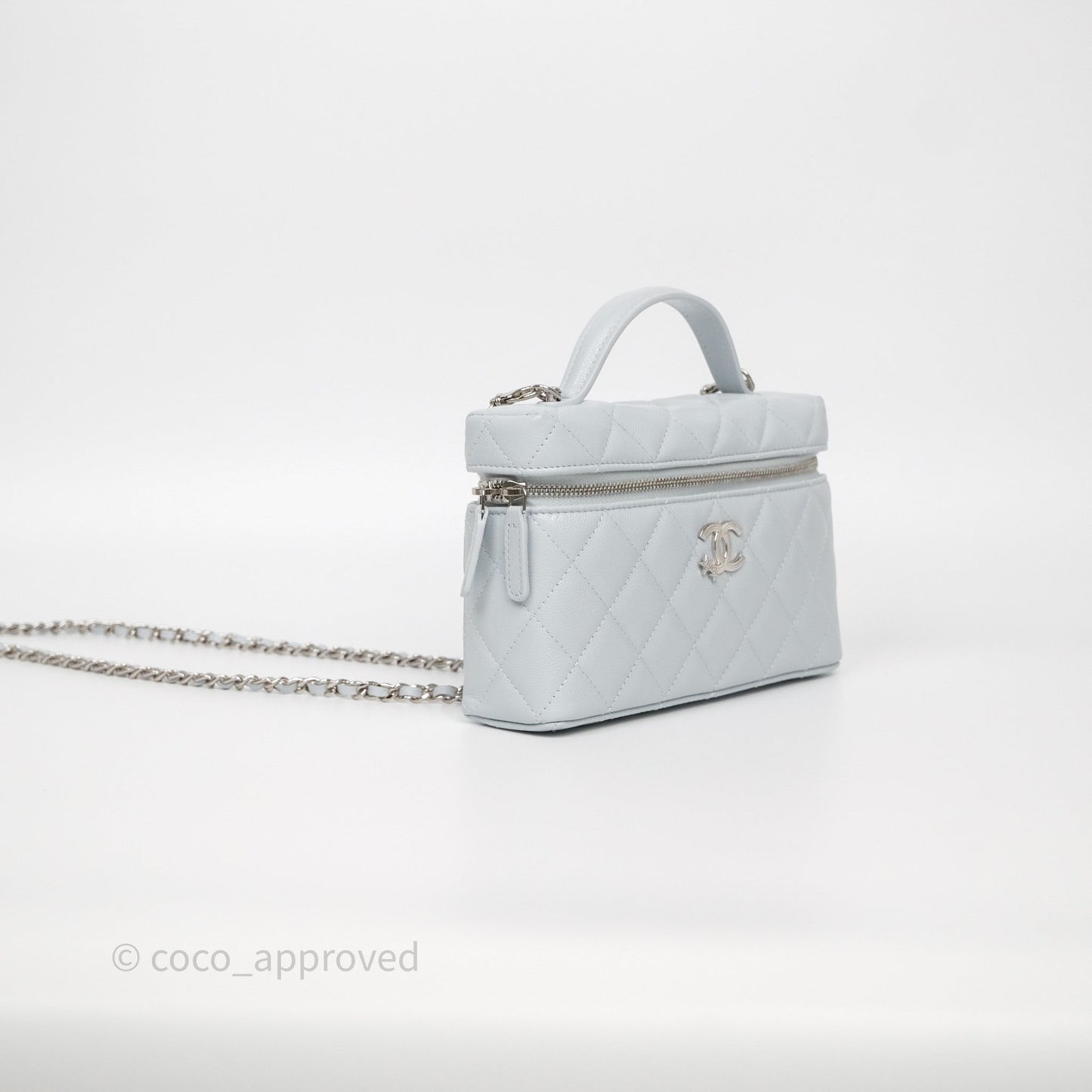 Chanel Top Handle Long Vanity with Chain Light Blue Caviar Silver Hardware 25B