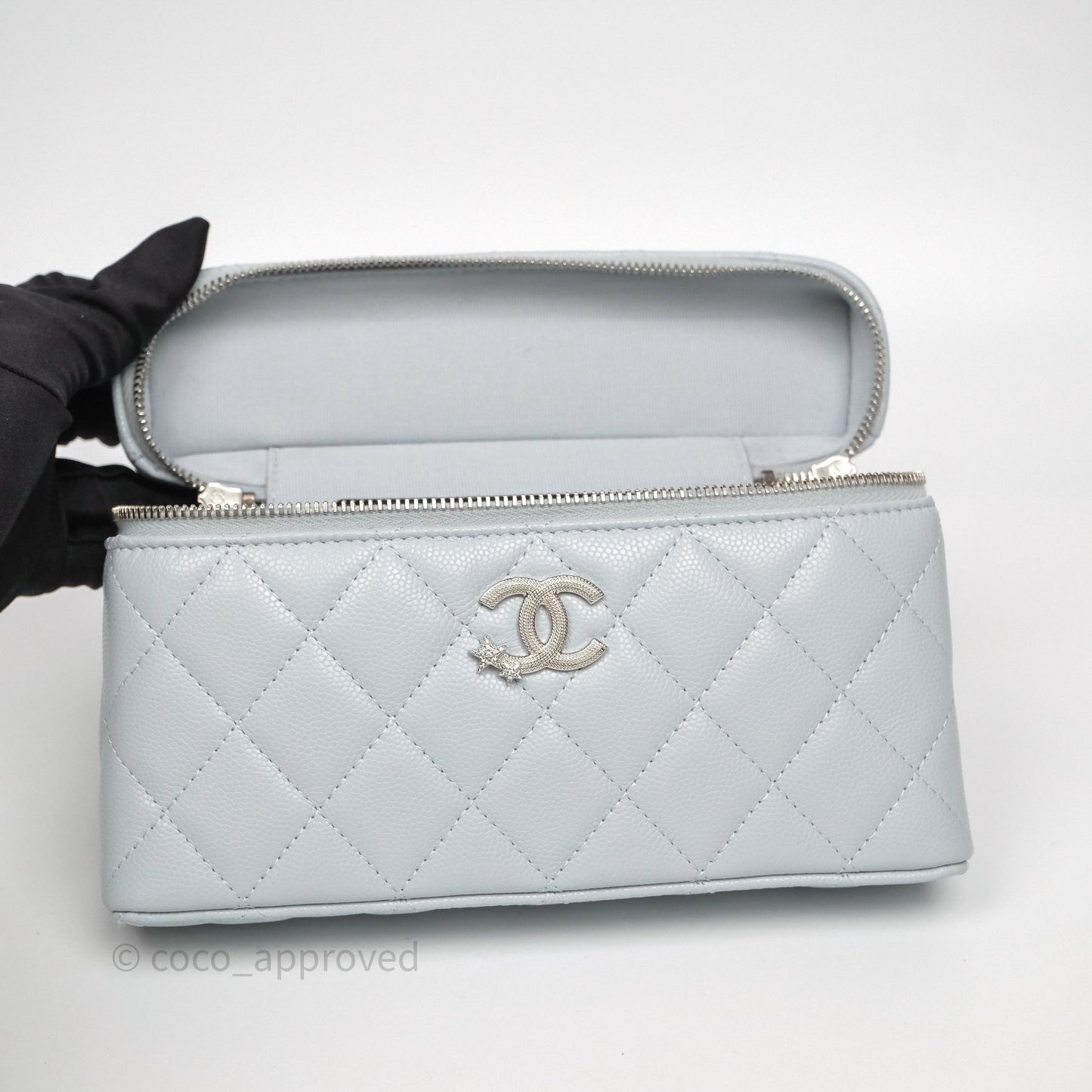 Chanel Top Handle Long Vanity with Chain Light Blue Caviar Silver Hardware 25B