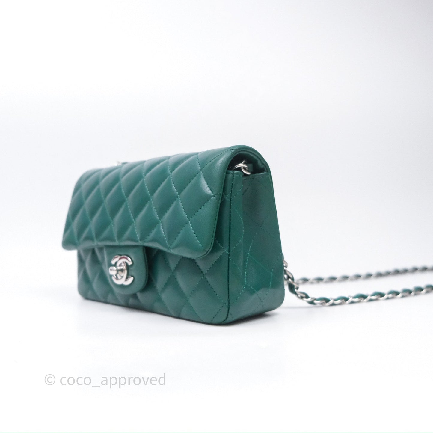 Chanel Mini Rectangular Quilted Lambskin Flap Bag Green Silver Hardware