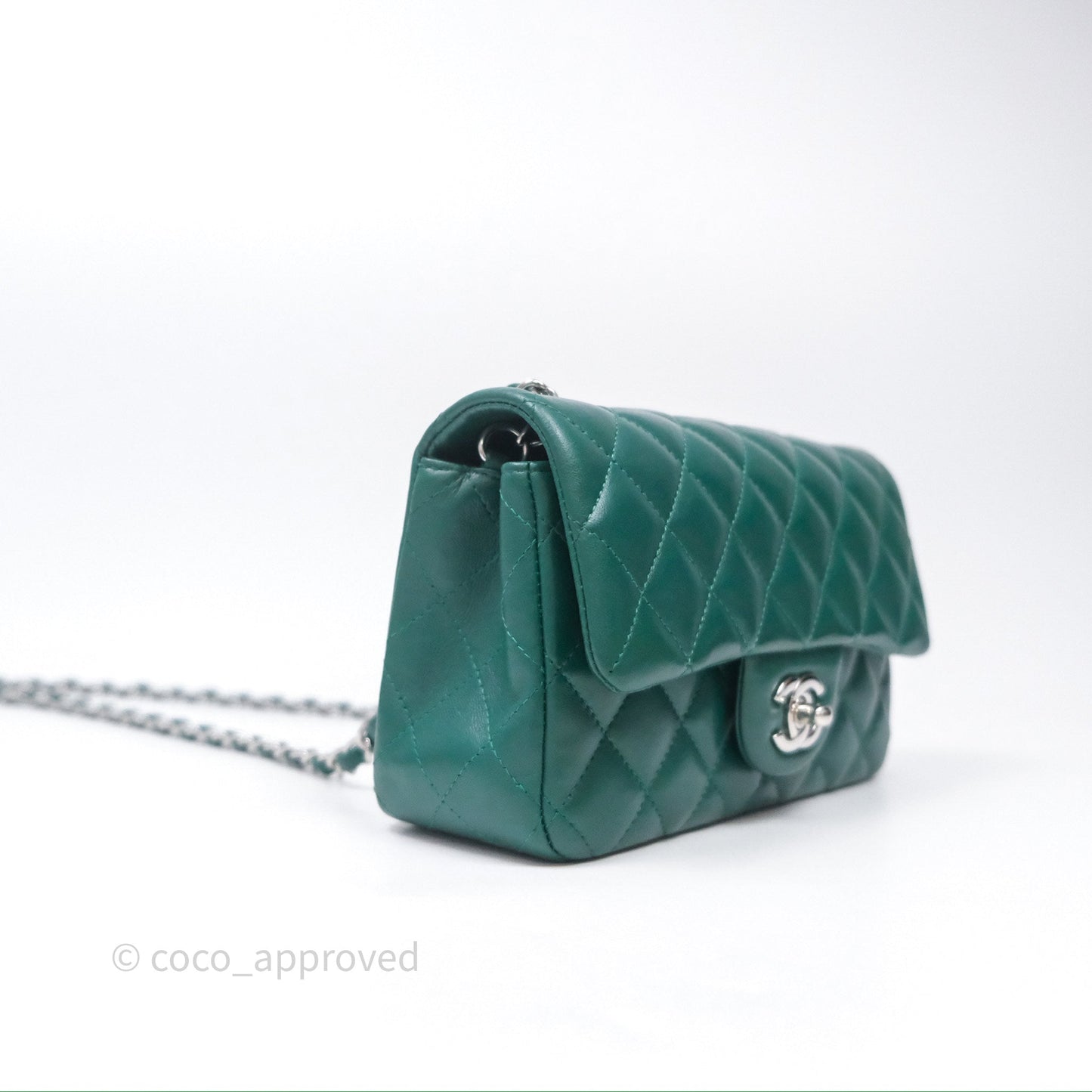 Chanel Mini Rectangular Quilted Lambskin Flap Bag Green Silver Hardware