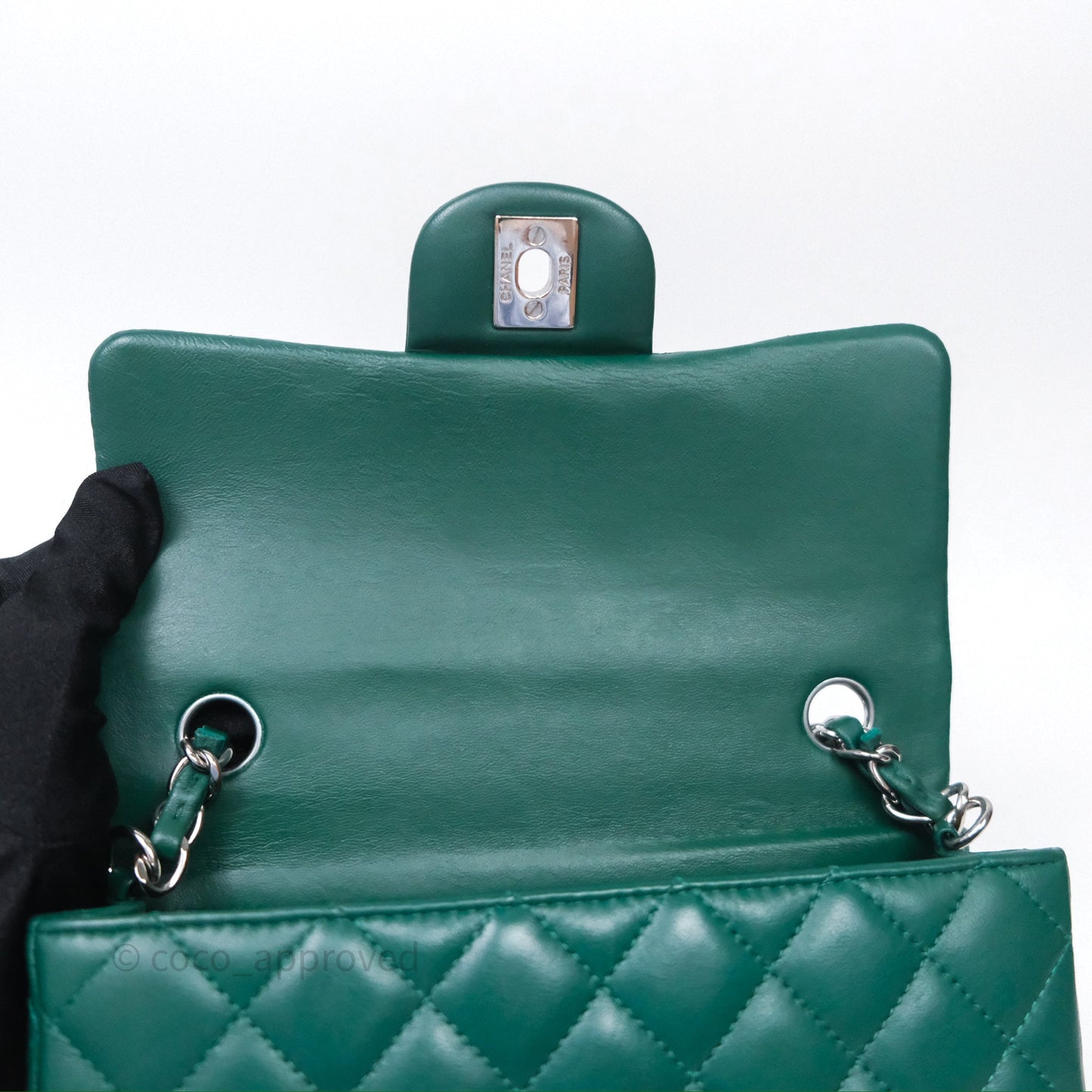 Chanel Mini Rectangular Quilted Lambskin Flap Bag Green Silver Hardware