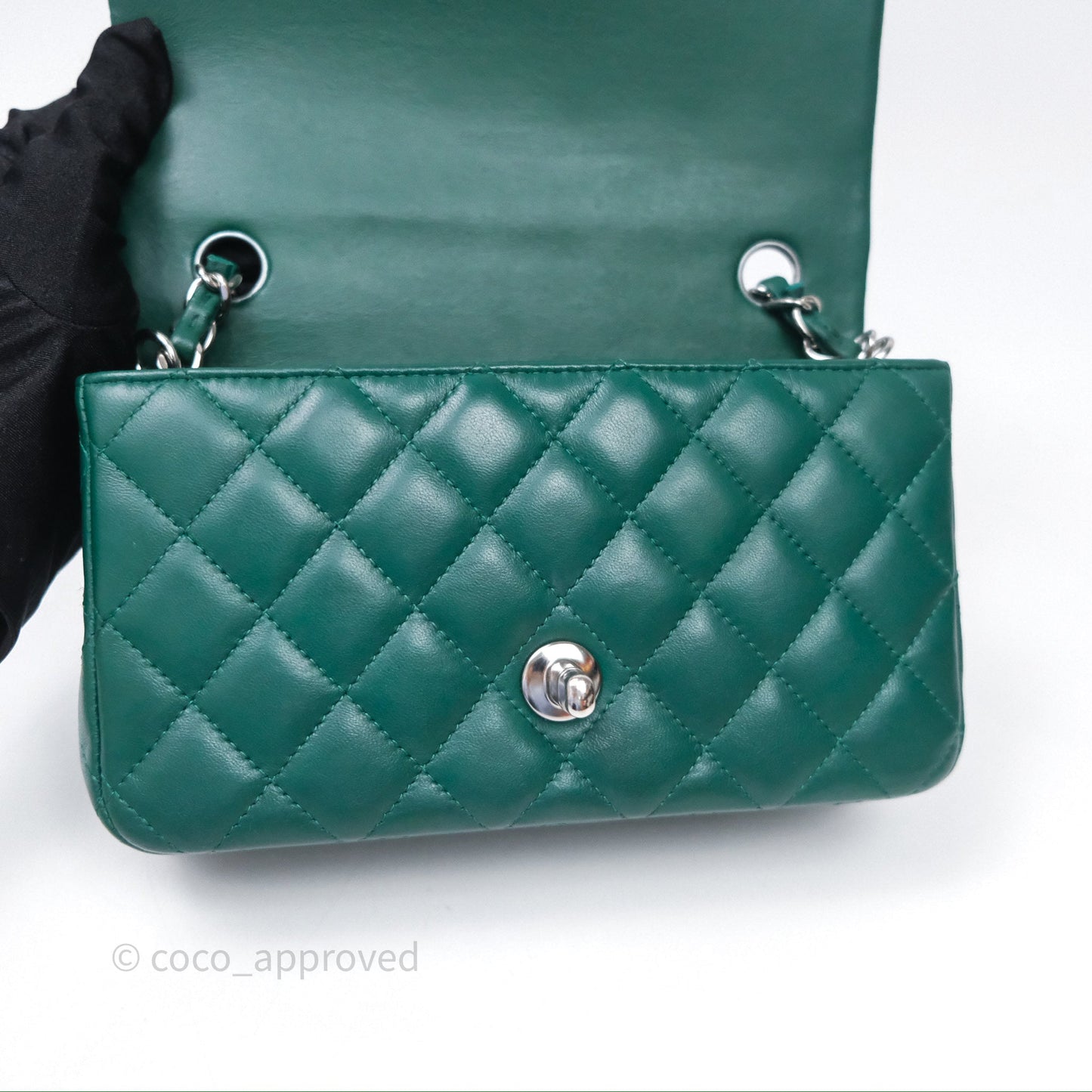 Chanel Mini Rectangular Quilted Lambskin Flap Bag Green Silver Hardware