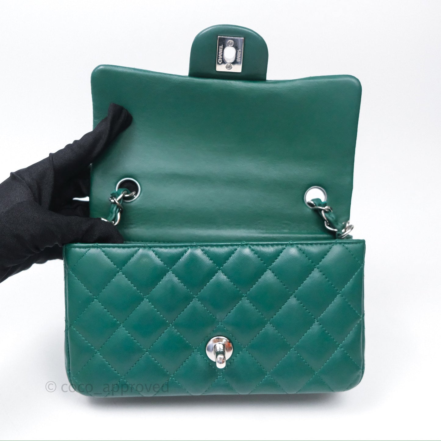 Chanel Mini Rectangular Quilted Lambskin Flap Bag Green Silver Hardware