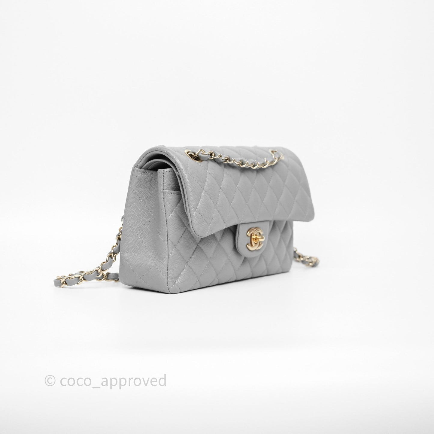 Chanel Small Classic Flap Quilted Grey Caviar Gold Hardware
