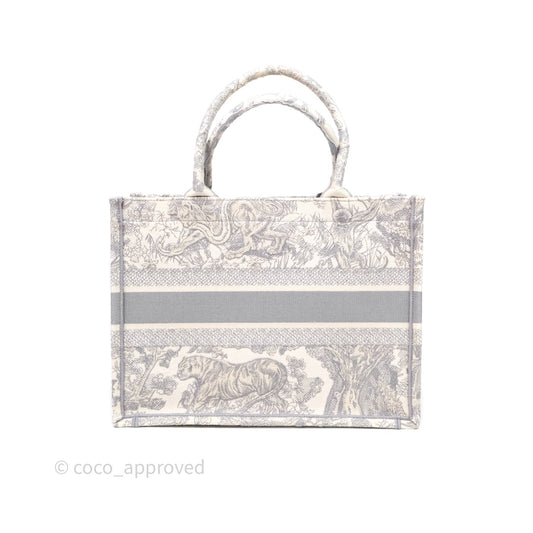Christian Dior Medium (Old Small) Embroidered Toile De Jouy Light Grey Canvas Book Tote