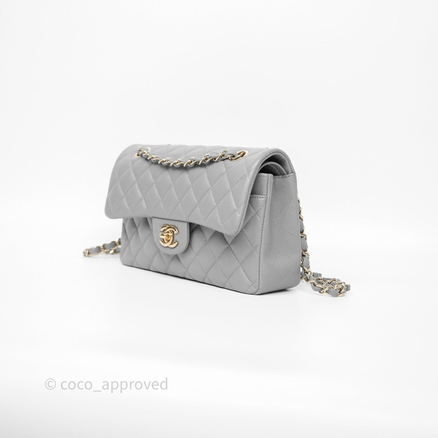 Chanel Small Classic Flap Quilted Grey Caviar Gold Hardware