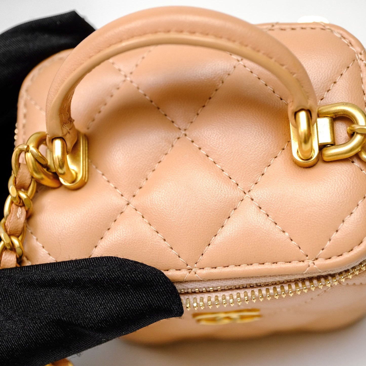 Chanel Mini Top Handle Vanity With Chain Beige Lambskin Aged Gold Hardware