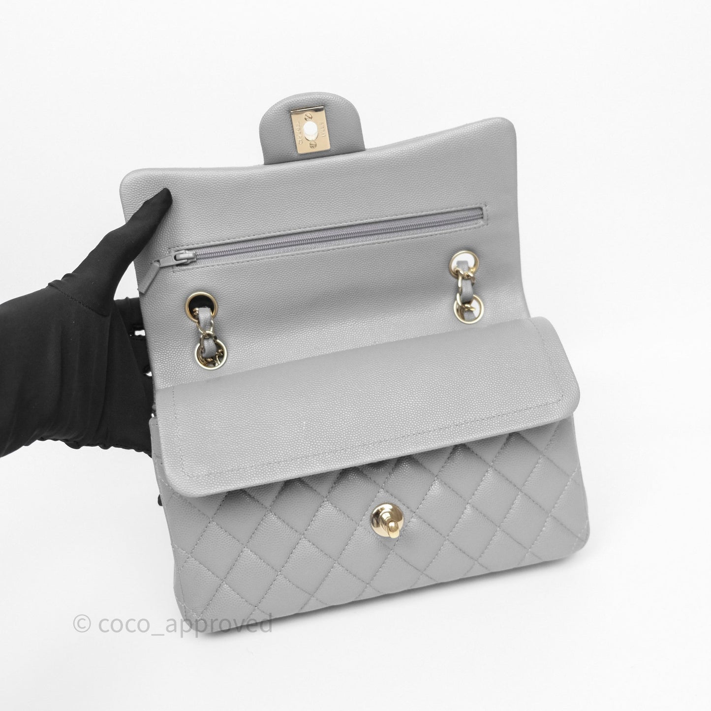 Chanel Small Classic Flap Quilted Grey Caviar Gold Hardware