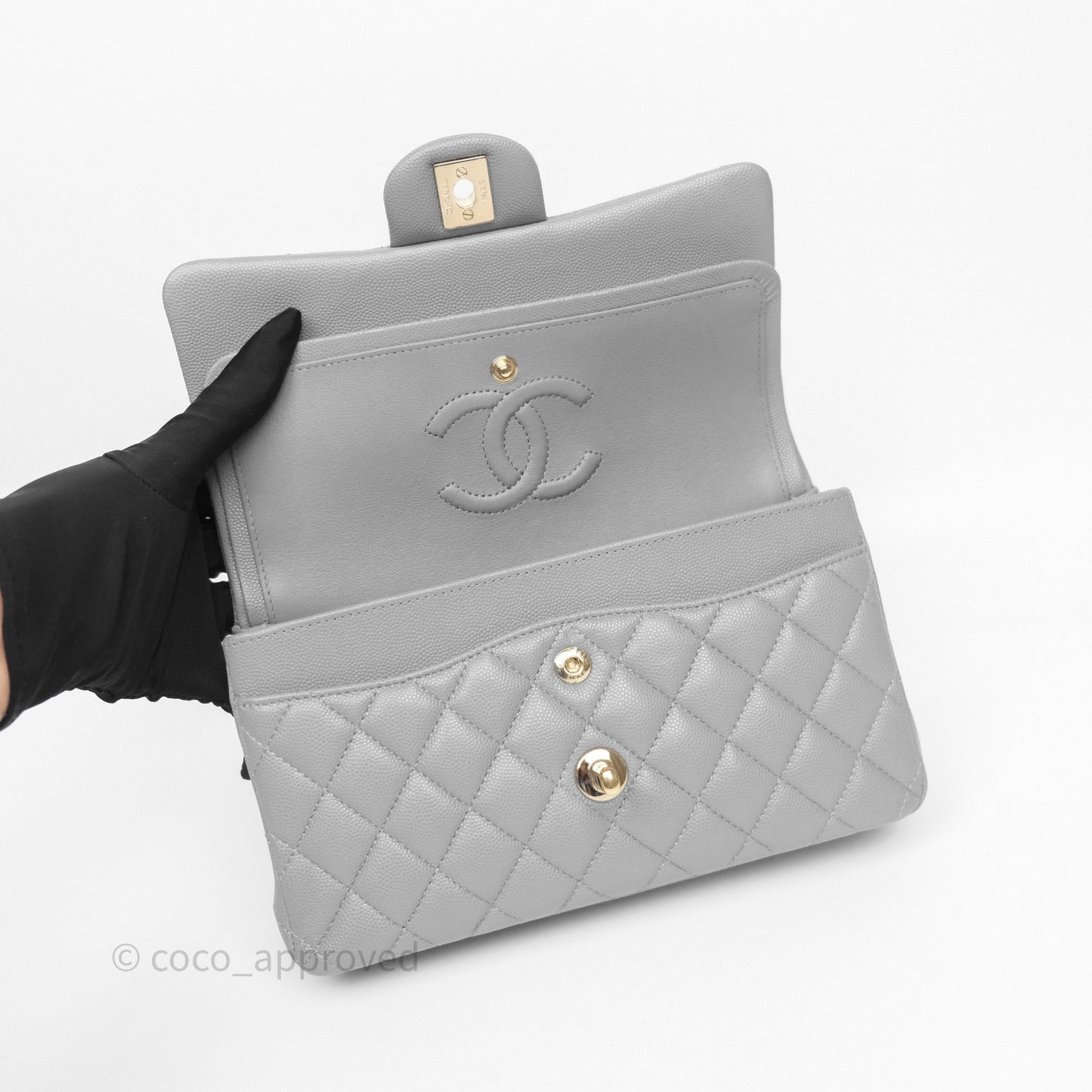 Chanel Small Classic Flap Quilted Grey Caviar Gold Hardware