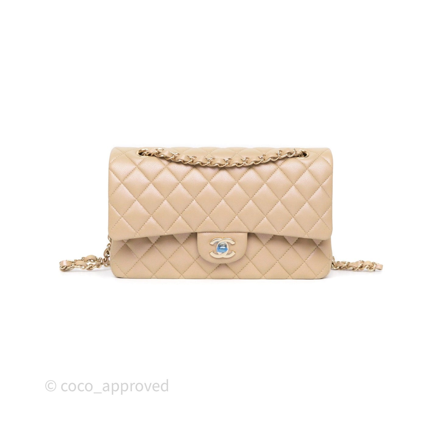 Chanel Classic M/L Medium Flap Quilted Iridescent Dark Beige Caviar Gold Hardware 21S