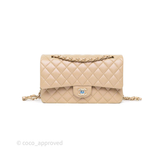 Chanel Classic M/L Medium Flap Quilted Iridescent Dark Beige Caviar Gold Hardware 21S