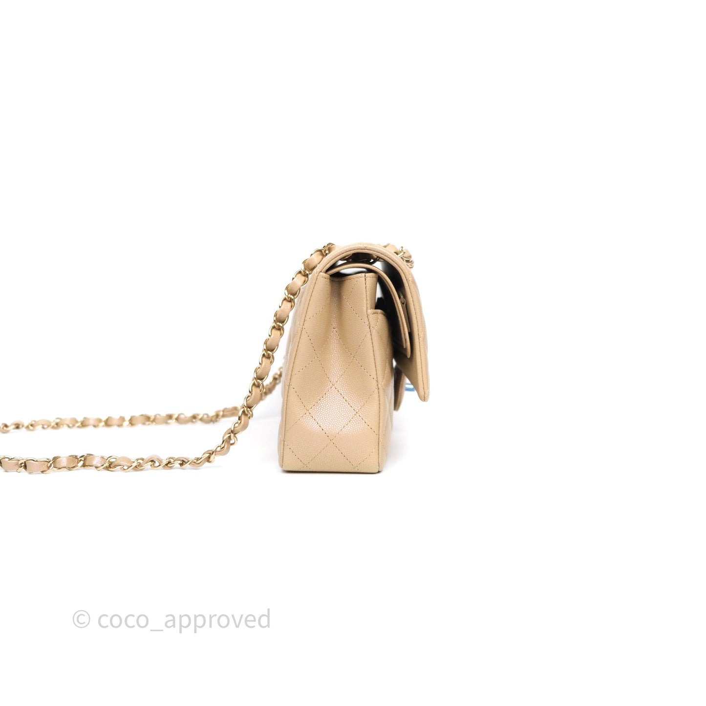 Chanel Classic M/L Medium Flap Quilted Iridescent Dark Beige Caviar Gold Hardware 21S