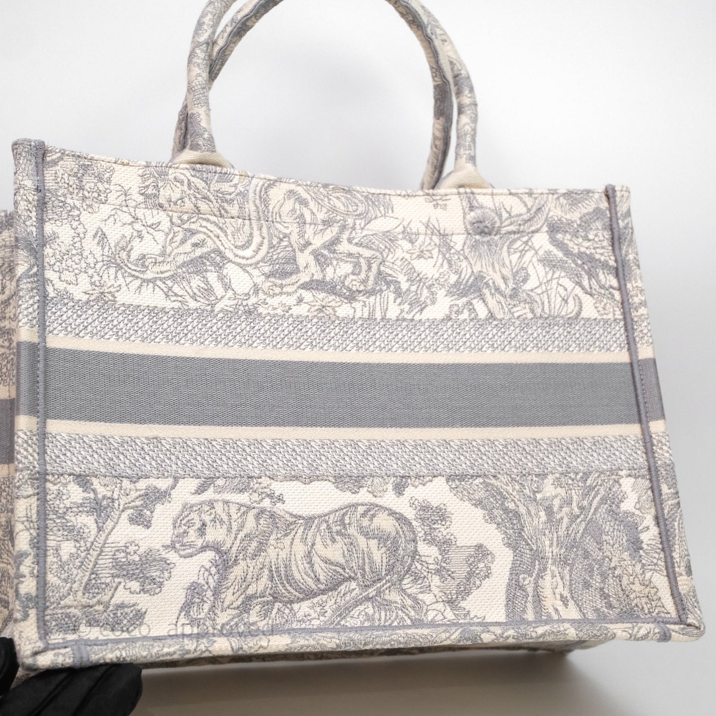Christian Dior Medium (Old Small) Embroidered Toile De Jouy Light Grey Canvas Book Tote