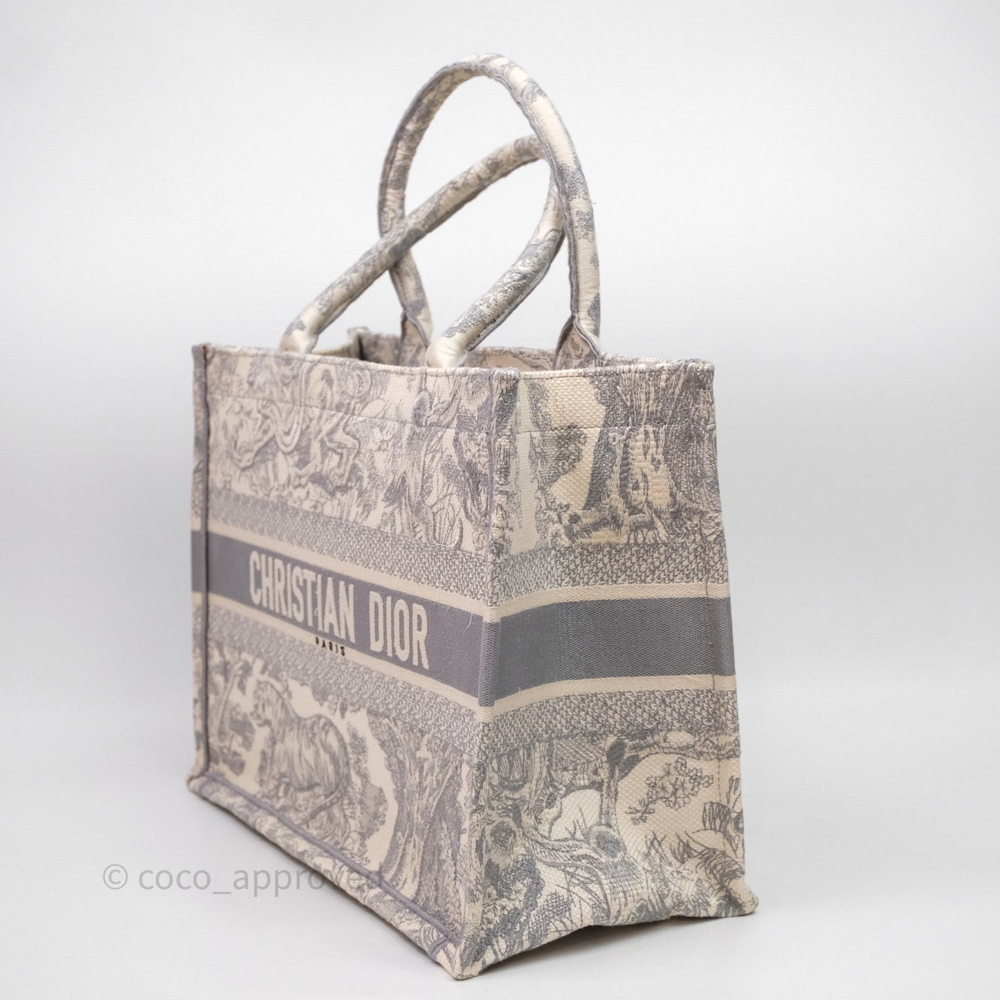 Christian Dior Medium (Old Small) Embroidered Toile De Jouy Light Grey Canvas Book Tote