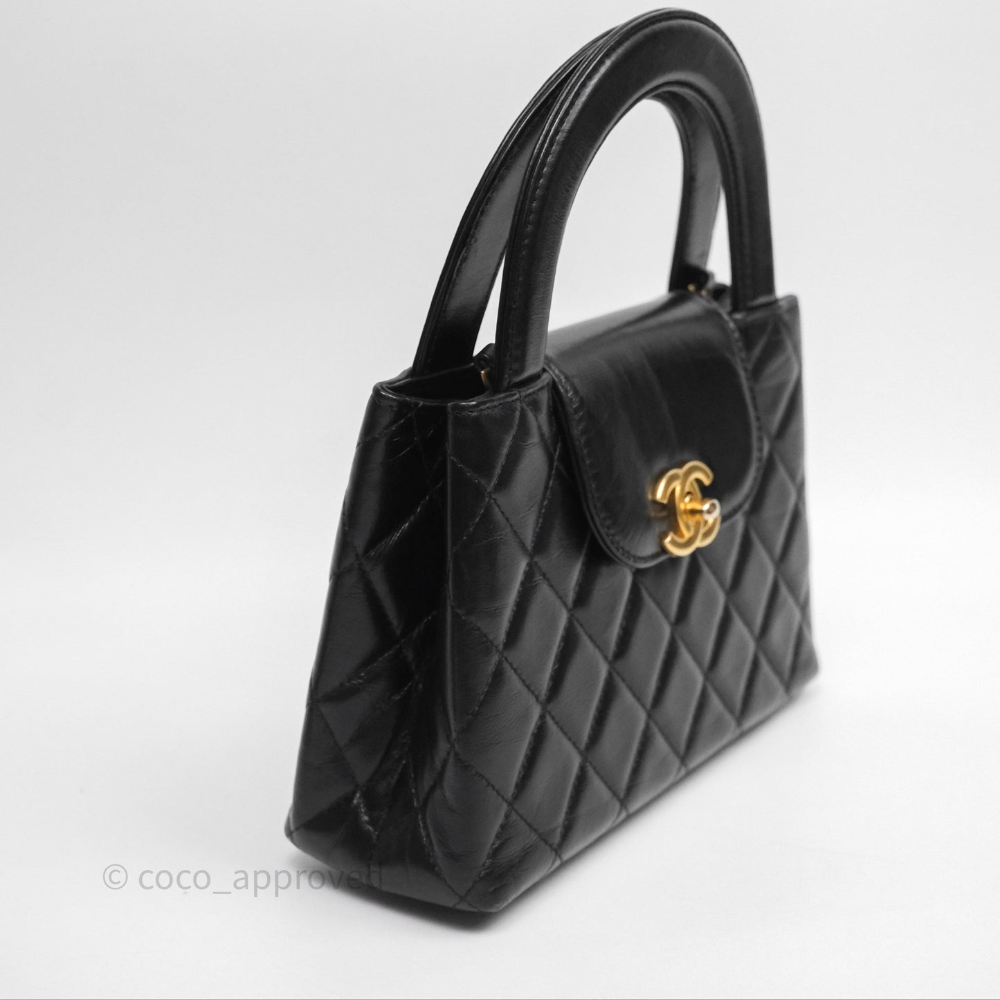 Chanel Kelly Bag Quilted Black Shiny Crumpled Calfskin Aged Gold Hardware