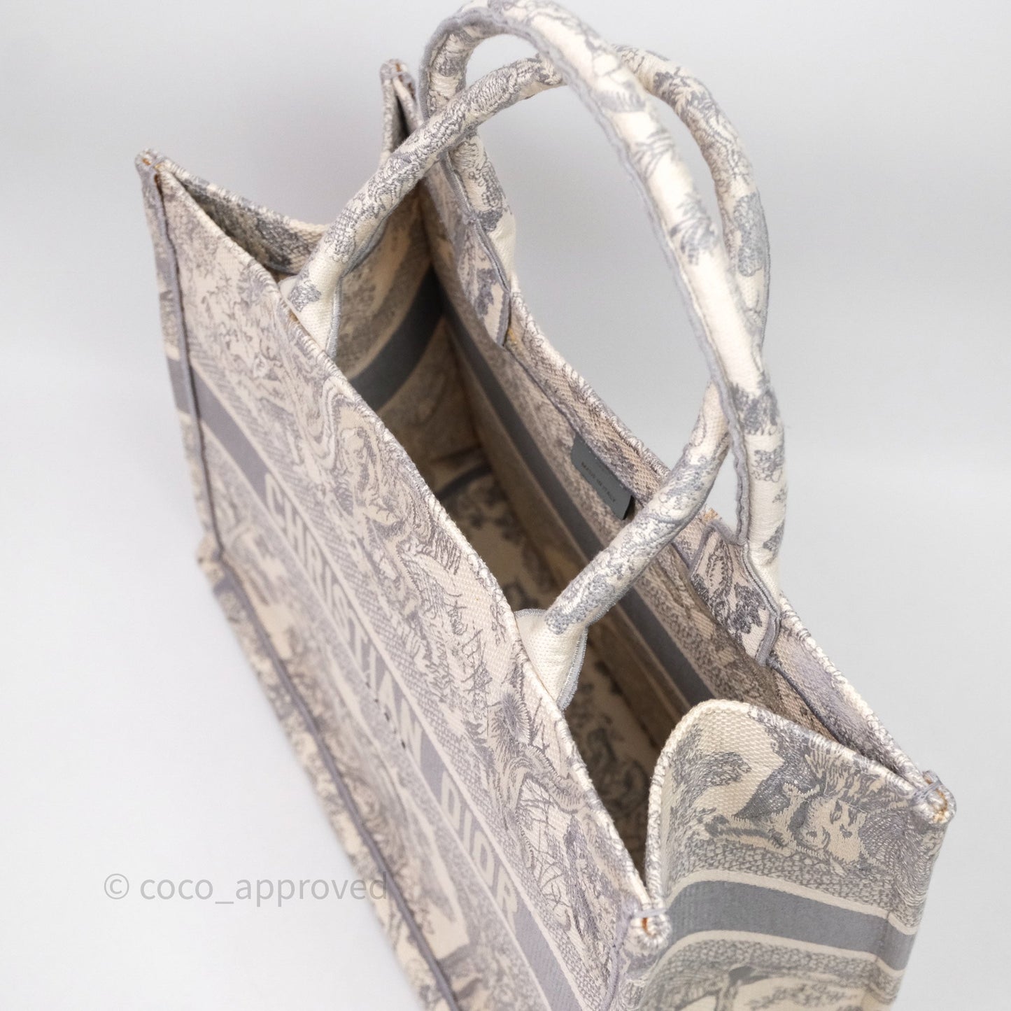 Christian Dior Medium (Old Small) Embroidered Toile De Jouy Light Grey Canvas Book Tote