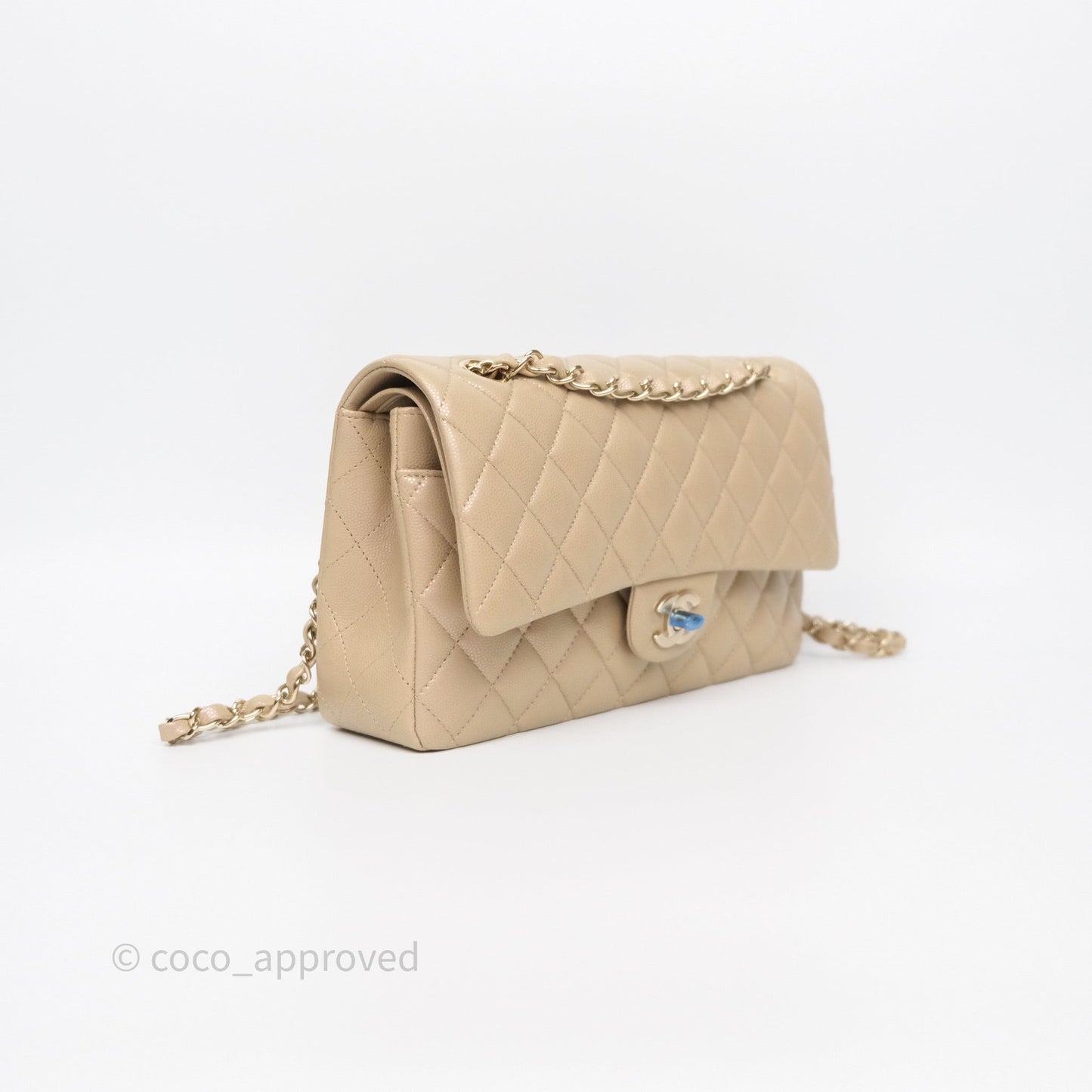 Chanel Classic M/L Medium Flap Quilted Iridescent Dark Beige Caviar Gold Hardware 21S