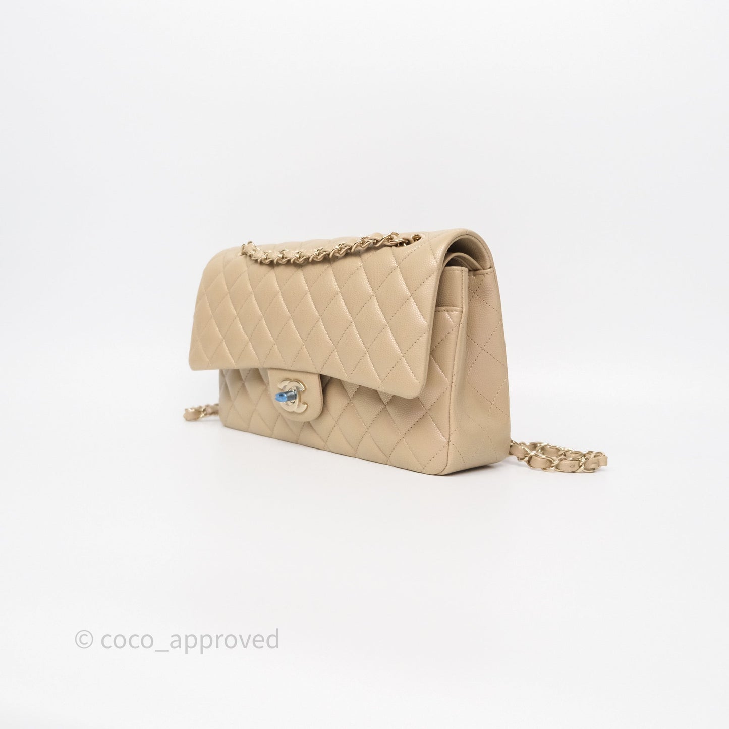 Chanel Classic M/L Medium Flap Quilted Iridescent Dark Beige Caviar Gold Hardware 21S