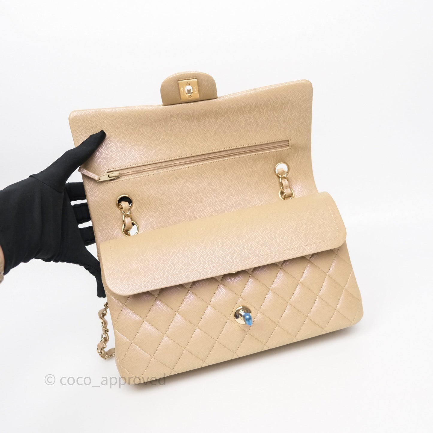 Chanel Classic M/L Medium Flap Quilted Iridescent Dark Beige Caviar Gold Hardware 21S