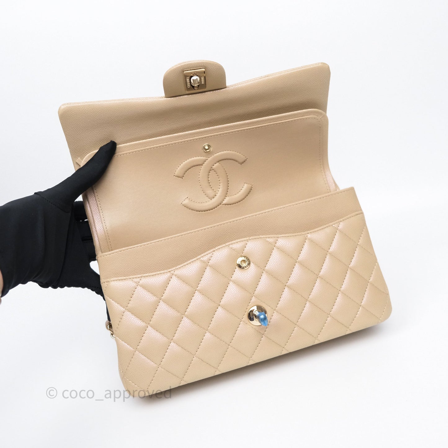 Chanel Classic M/L Medium Flap Quilted Iridescent Dark Beige Caviar Gold Hardware 21S