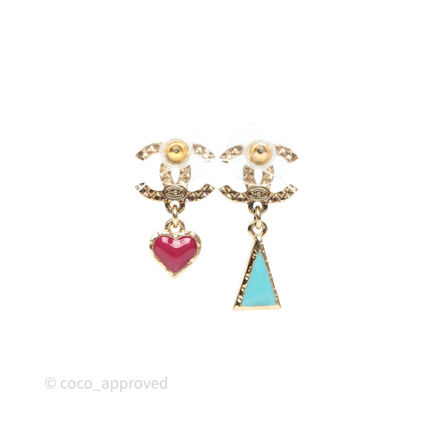 Chanel CC Heart Triangle Drop Earrings Gold Tone 18V
