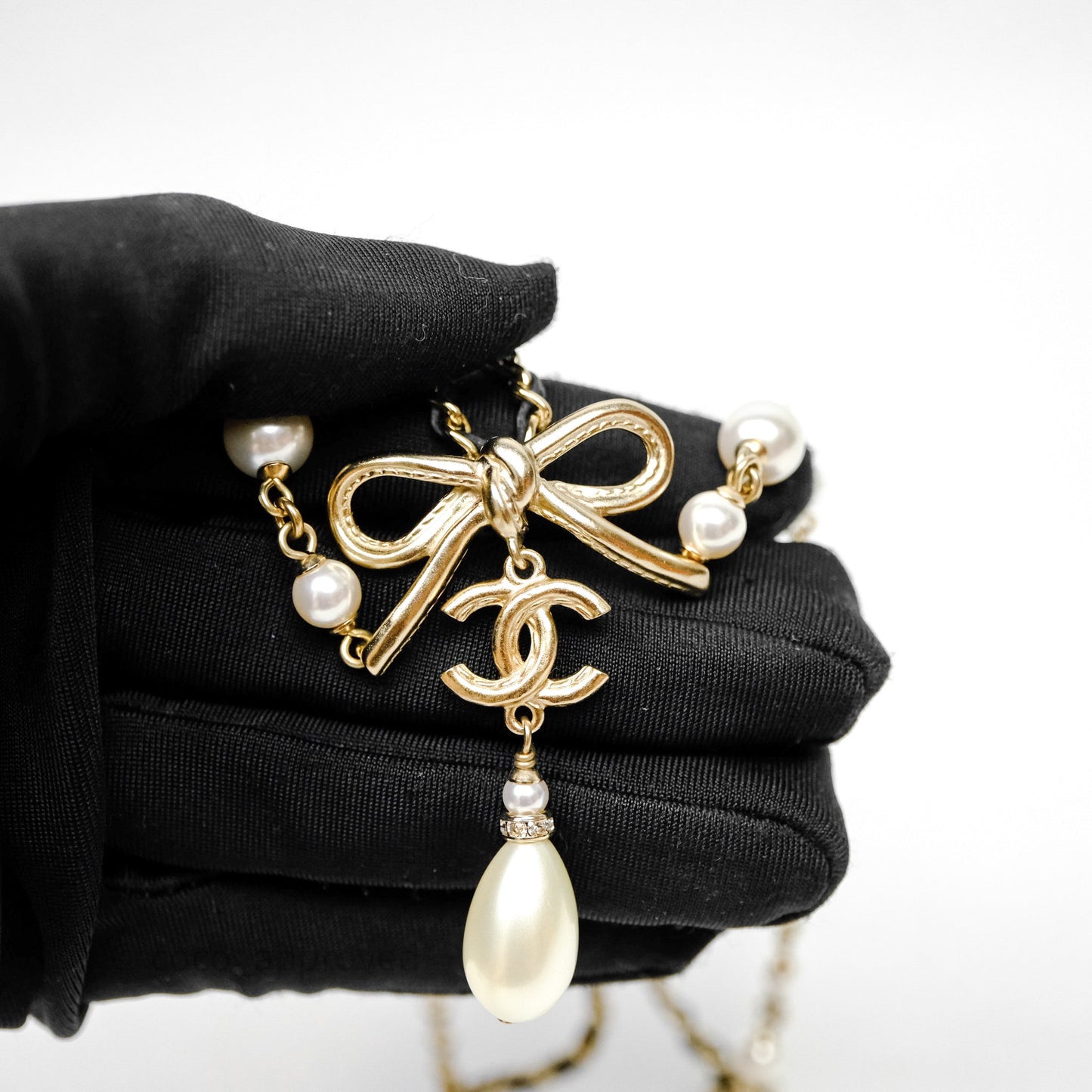 Chanel CC Woven Ribbon Chain Pearl Necklace 22S