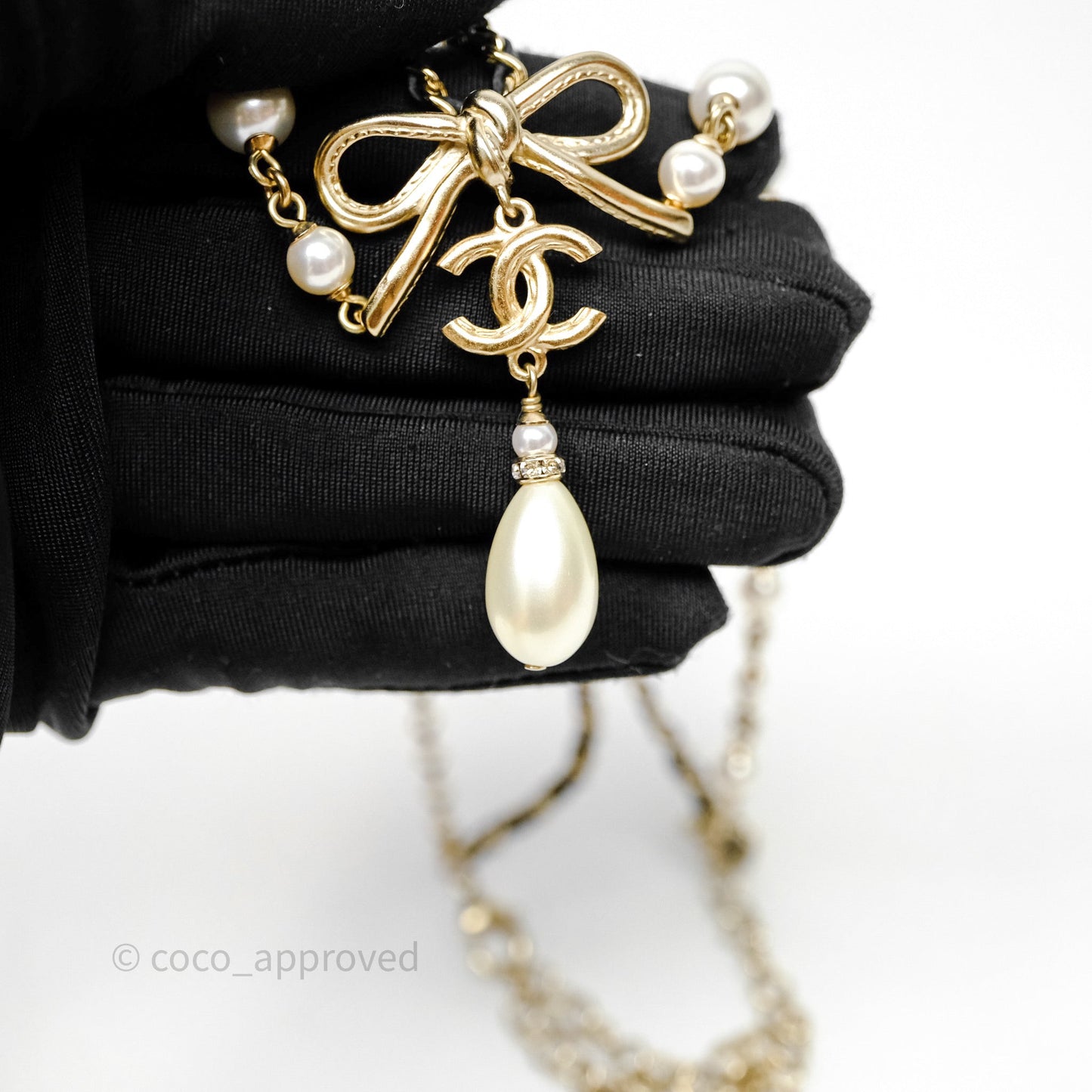 Chanel CC Woven Ribbon Chain Pearl Necklace 22S