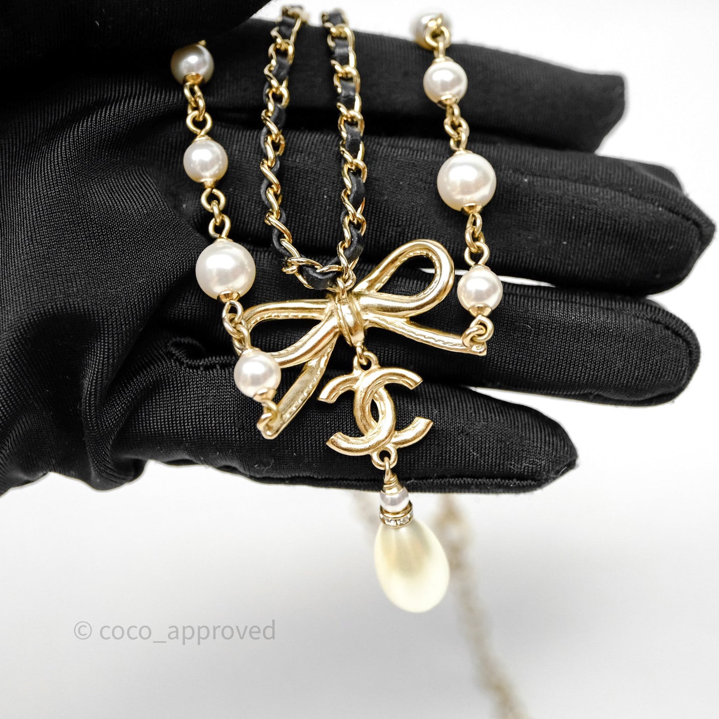 Chanel CC Woven Ribbon Chain Pearl Necklace 22S