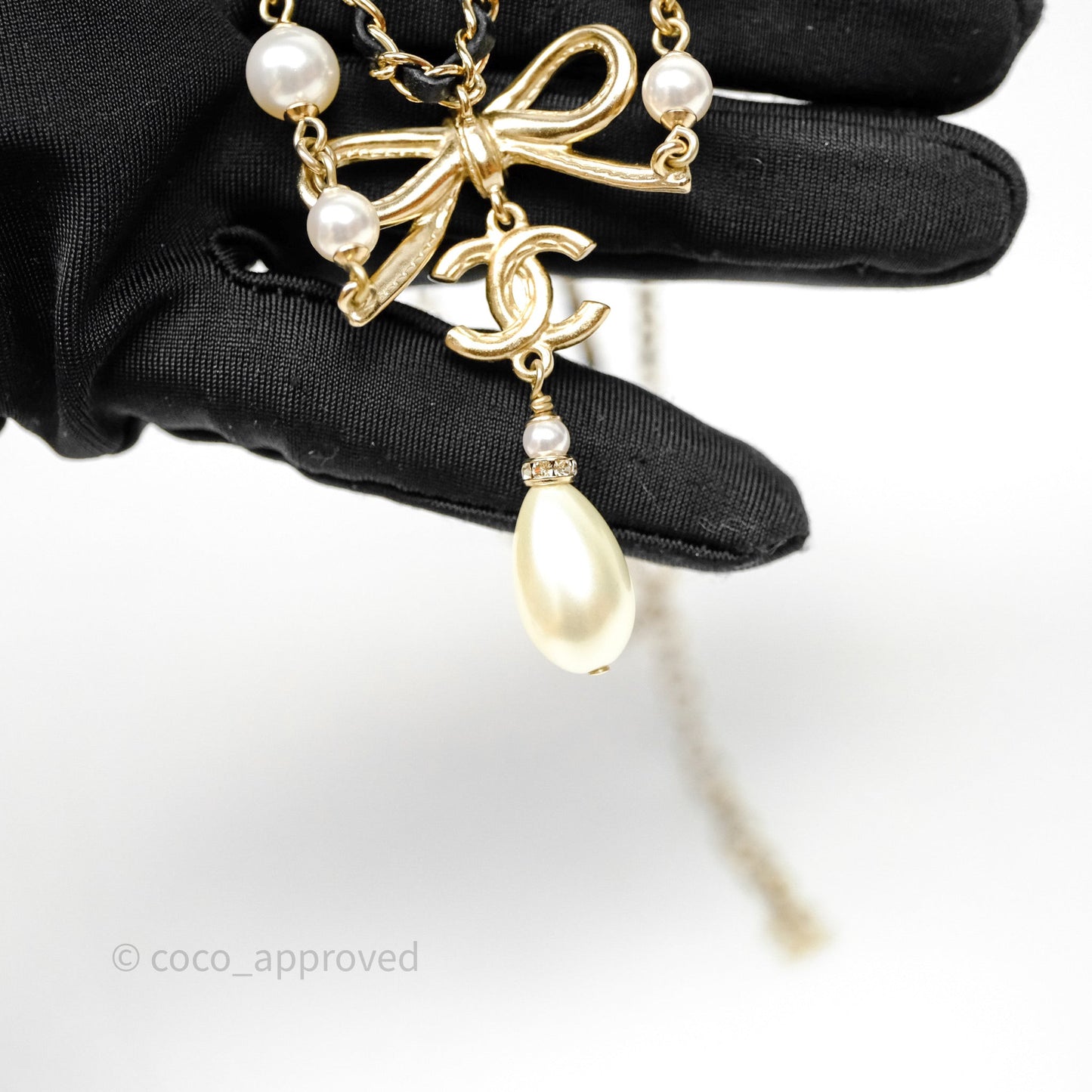 Chanel CC Woven Ribbon Chain Pearl Necklace 22S