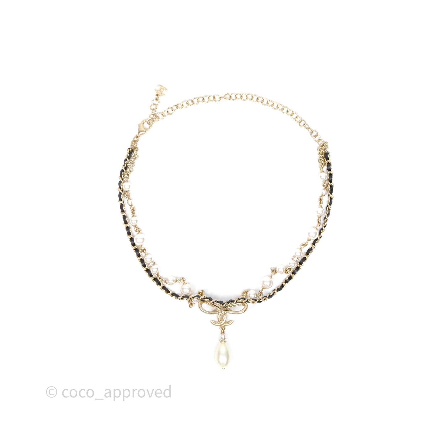 Chanel CC Woven Ribbon Chain Pearl Necklace 22S