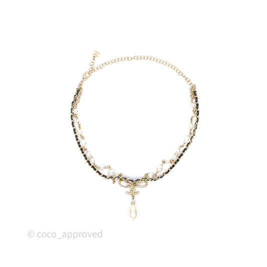 Chanel CC Woven Ribbon Chain Pearl Necklace 22S
