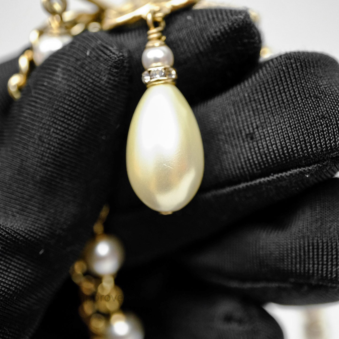 Chanel CC Woven Ribbon Chain Pearl Necklace 22S