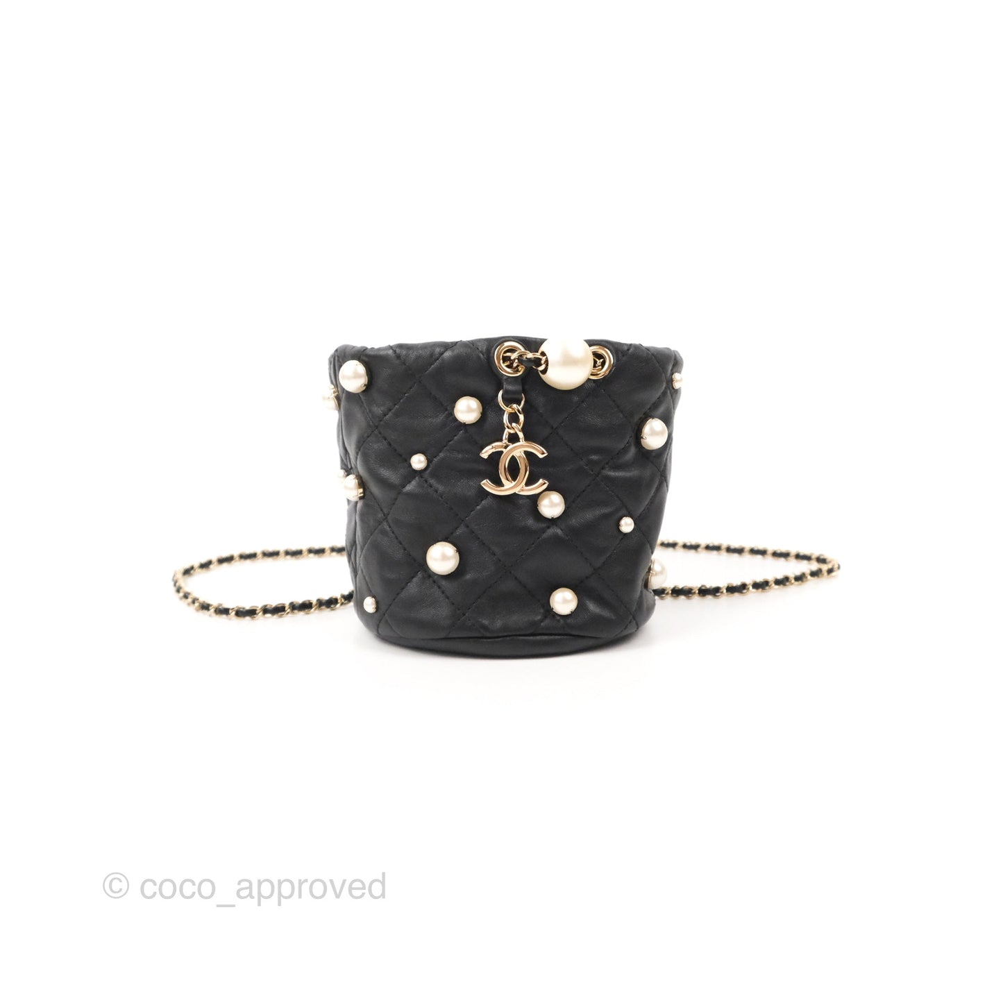 Chanel Drawstring Round Bucket Bag Pearl Embellished Quilted Lambskin