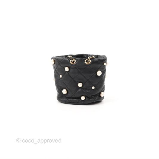 Chanel Drawstring Round Bucket Bag Pearl Embellished Quilted Lambskin