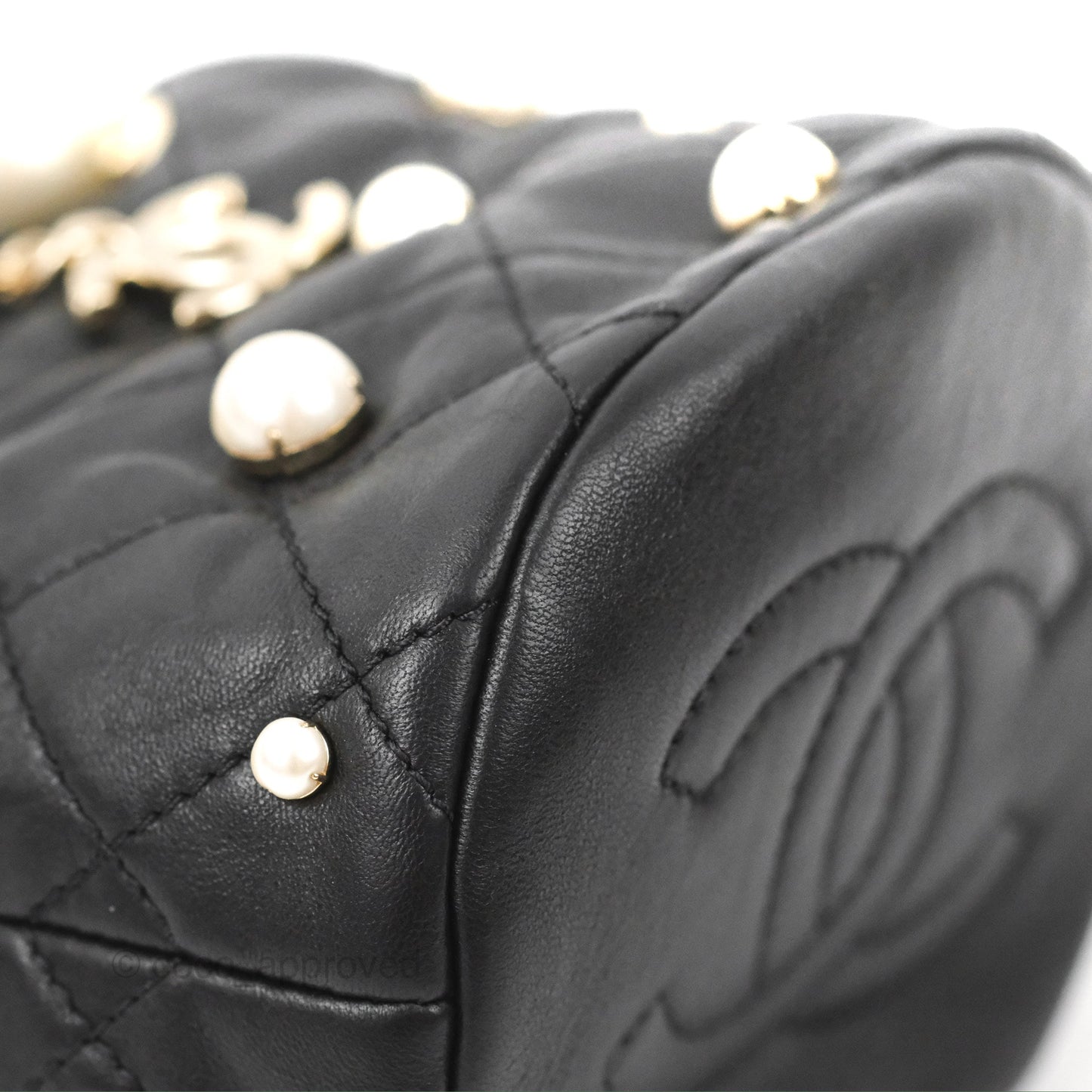 Chanel Drawstring Round Bucket Bag Pearl Embellished Quilted Lambskin