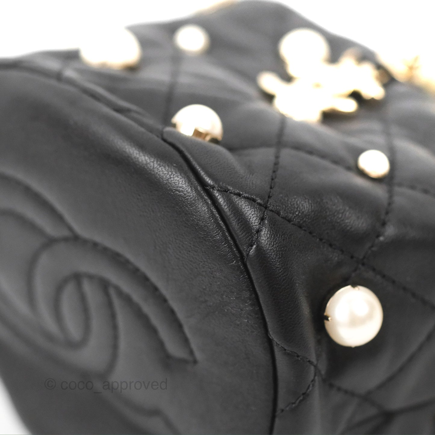 Chanel Drawstring Round Bucket Bag Pearl Embellished Quilted Lambskin