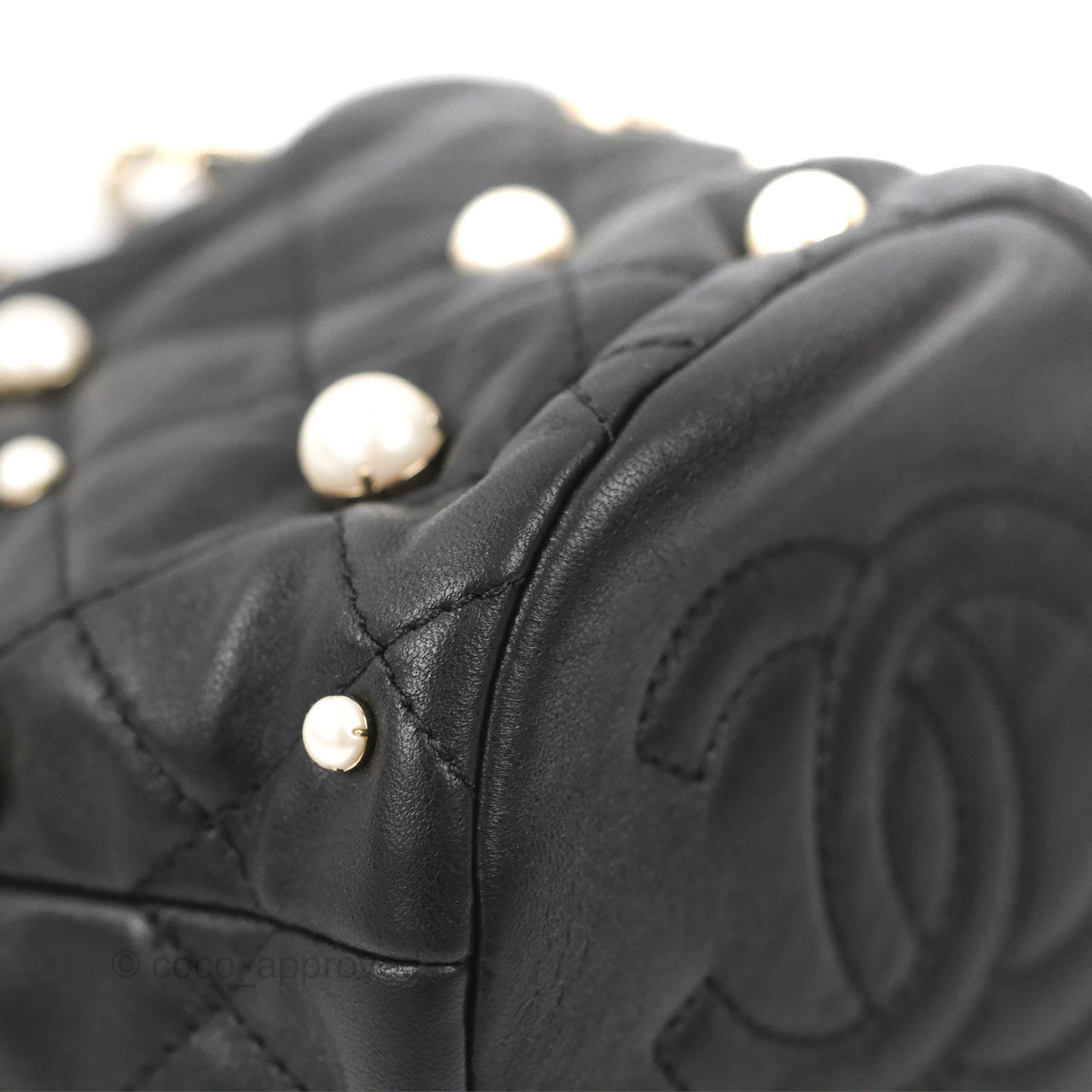 Chanel Drawstring Round Bucket Bag Pearl Embellished Quilted Lambskin