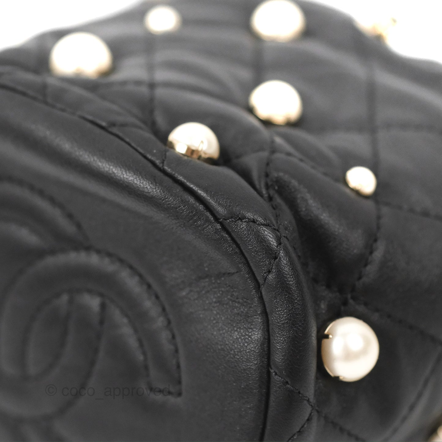 Chanel Drawstring Round Bucket Bag Pearl Embellished Quilted Lambskin