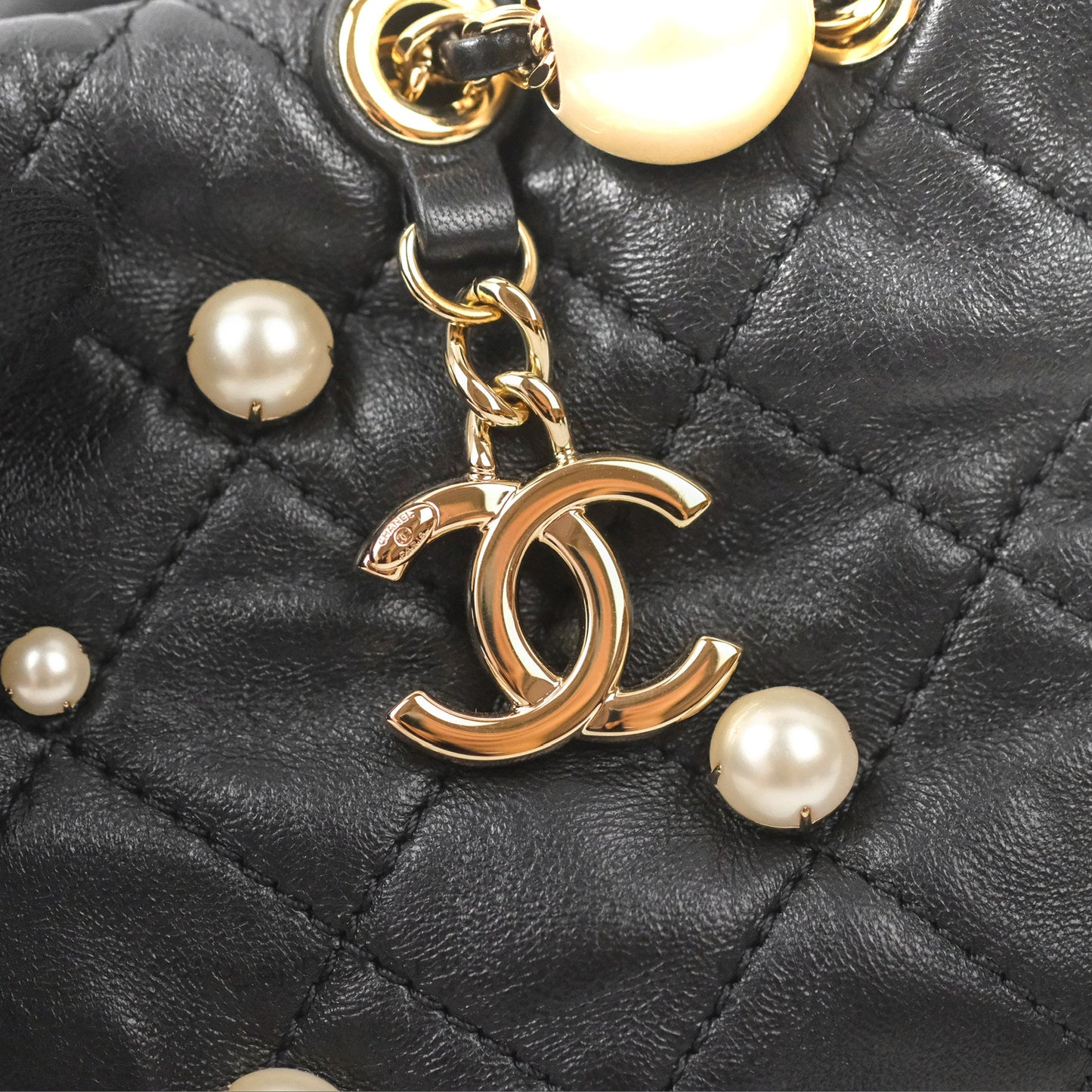 Chanel Drawstring Round Bucket Bag Pearl Embellished Quilted Lambskin