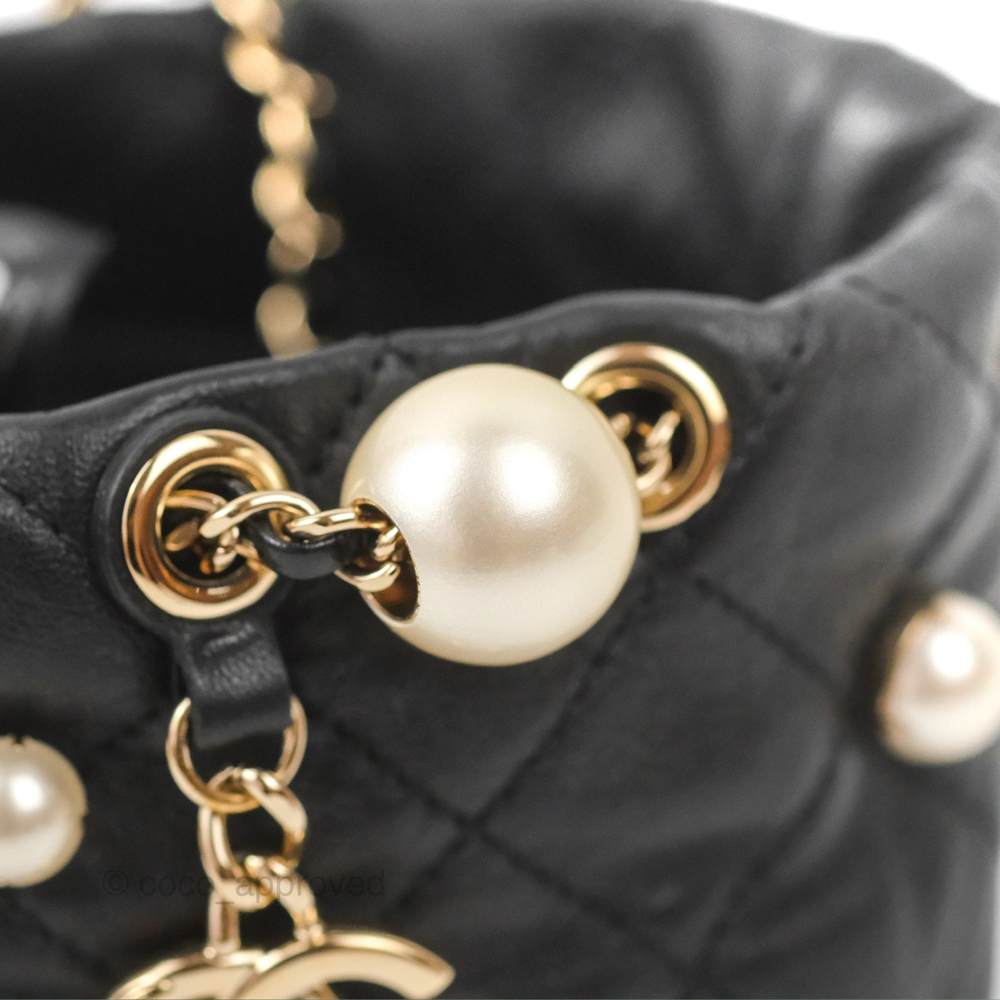 Chanel Drawstring Round Bucket Bag Pearl Embellished Quilted Lambskin