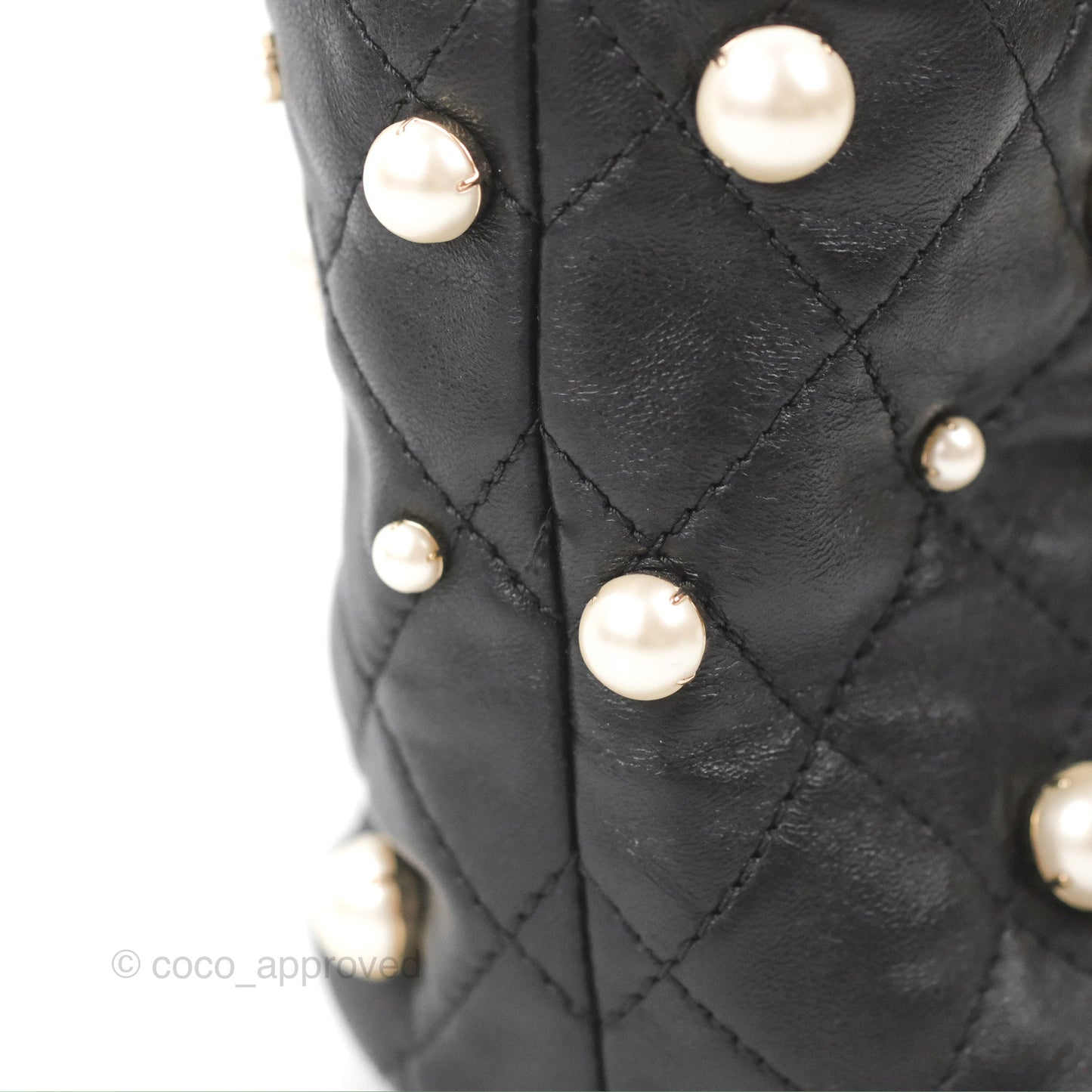 Chanel Drawstring Round Bucket Bag Pearl Embellished Quilted Lambskin