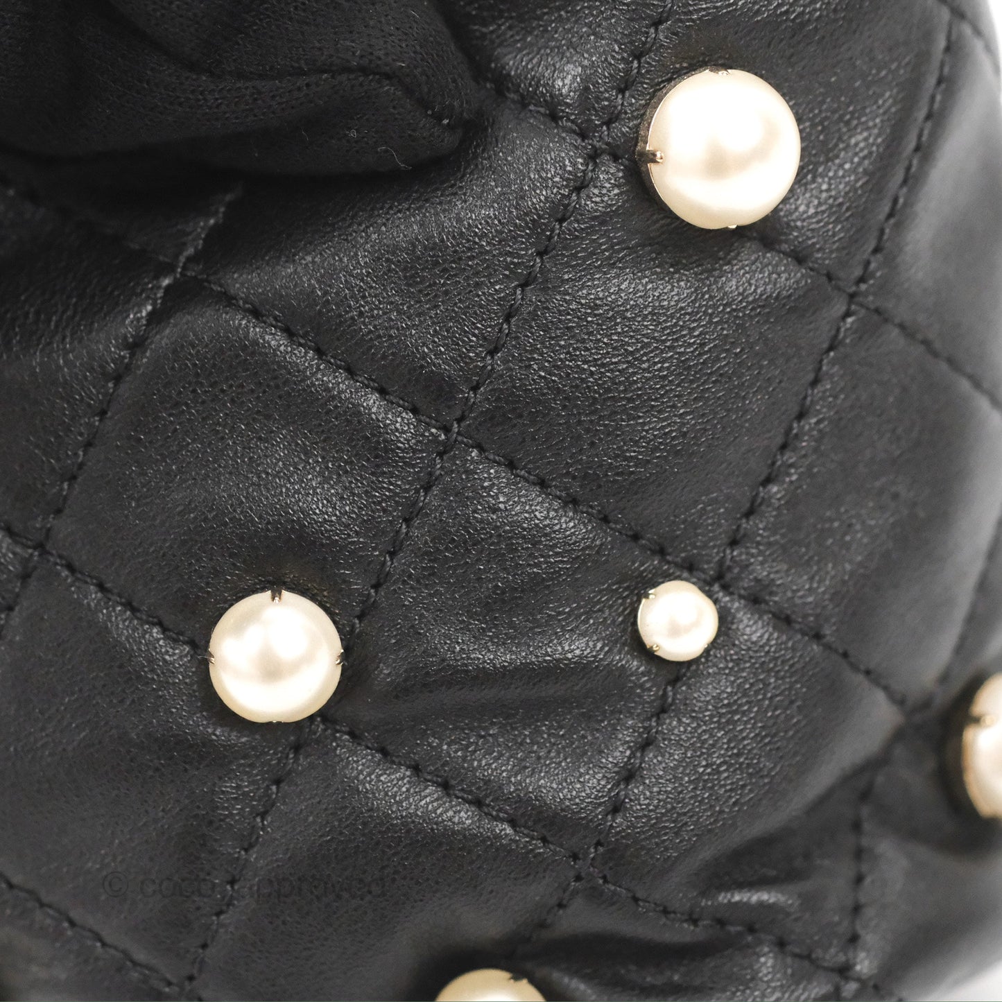 Chanel Drawstring Round Bucket Bag Pearl Embellished Quilted Lambskin