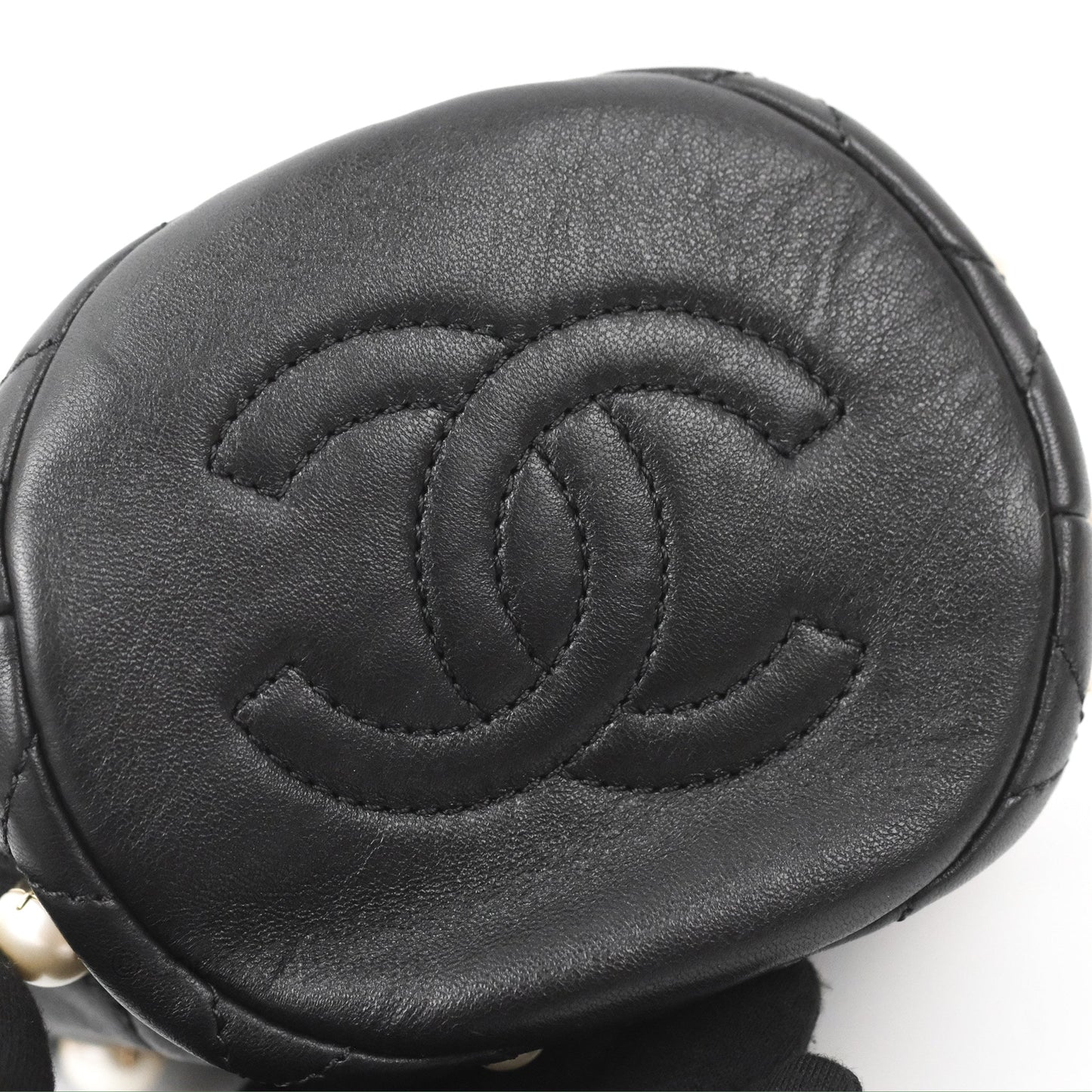 Chanel Drawstring Round Bucket Bag Pearl Embellished Quilted Lambskin