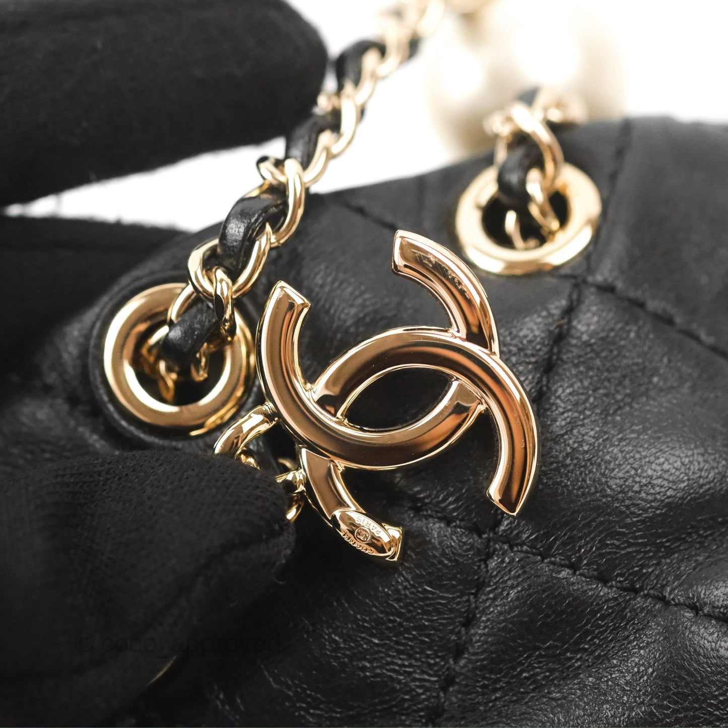 Chanel Drawstring Round Bucket Bag Pearl Embellished Quilted Lambskin