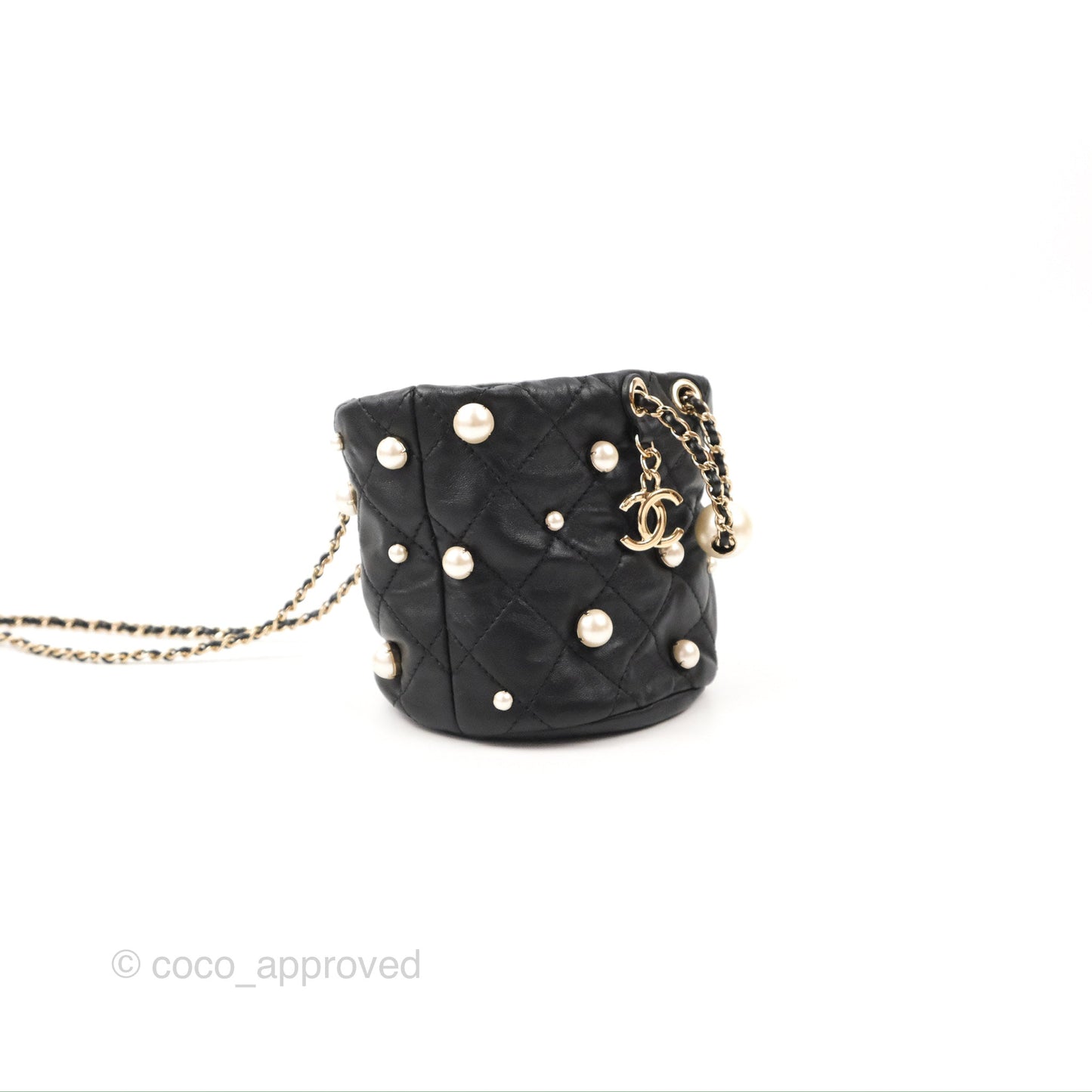 Chanel Drawstring Round Bucket Bag Pearl Embellished Quilted Lambskin