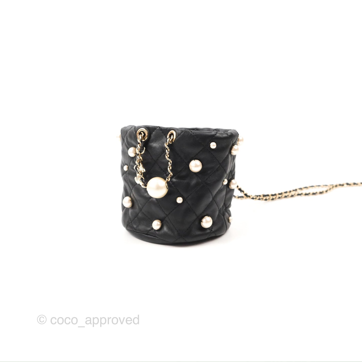 Chanel Drawstring Round Bucket Bag Pearl Embellished Quilted Lambskin